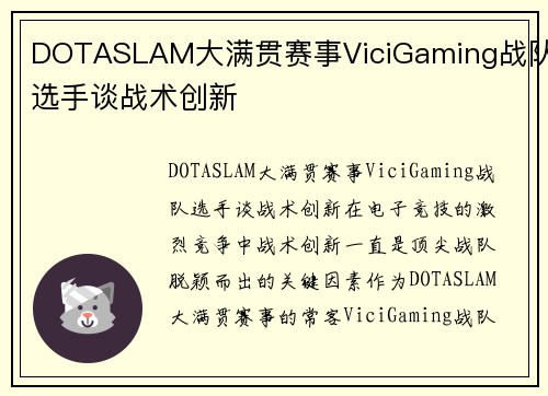 DOTASLAM大满贯赛事ViciGaming战队选手谈战术创新